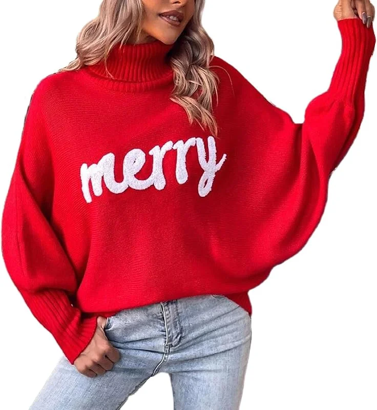 Marke: YILEEGOO YILEEGOO Damen-Pullover mit Aufschrift "Merry Christmas", Rollkragen, Fledermausärmel, langärmelig, Buchstabenstickerei, lockerer Strickpullover, Weihnachtspullover — Weihnachtsmode