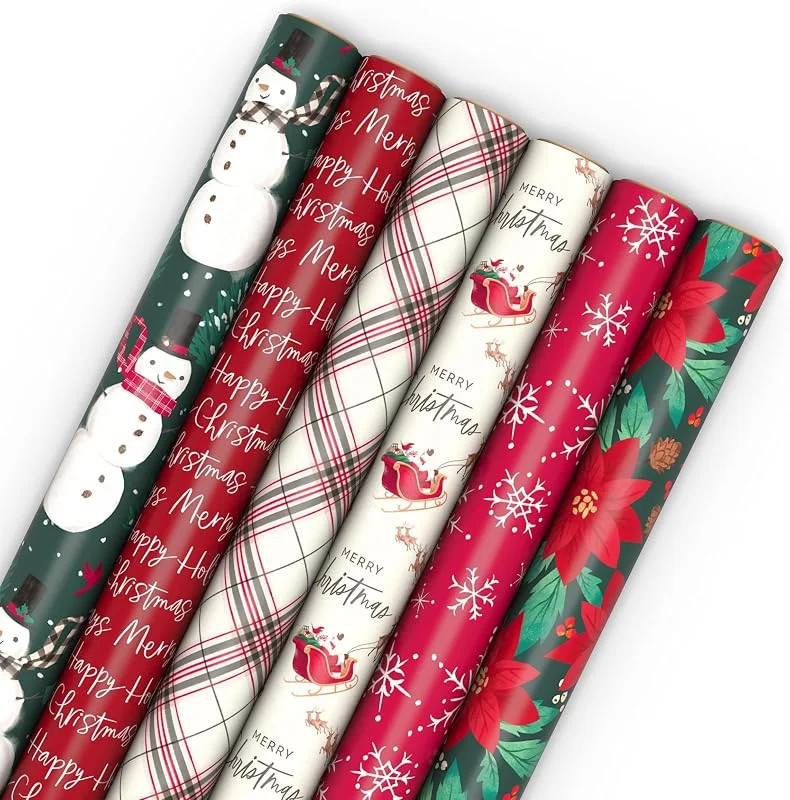 Besuche den Hallmark-Store Hallmark Weihnachtsgeschenkpapier, rustikal, recycelbar, 6 Rollen à 180 m² insgesamt, Rot, Weiß und Jägergrün kariert, Weihnachtssterne, Schneeflocken, Merry Christmas, Schneemann, Weihnachtsmann — Geschenkverpackung