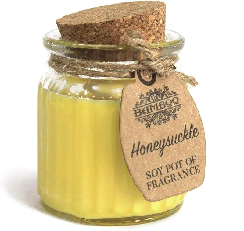 Marke: Bamboo Bamboo 100% Sojawachs Kerze im Glas mit Korkdeckel - Vegan, 100% Natürlich (Geissblatt) — Kerzenlicht Abendessen