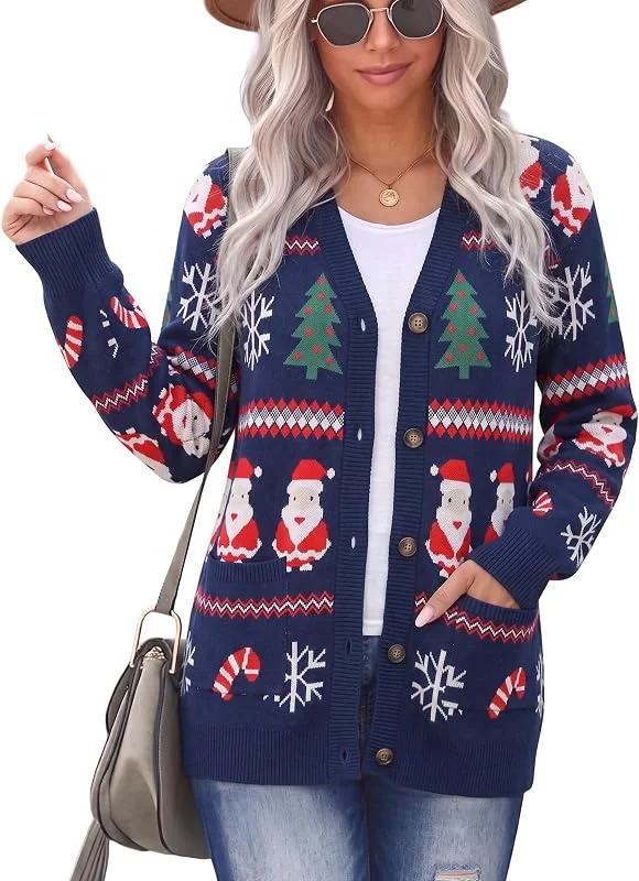 Marke: LUKYCILD Hässlicher Weihnachtspullover für Damen, Knopfpullover mit Taschen, Strickjacke vorne offen, lustiger Pullover — Weihnachtsmode