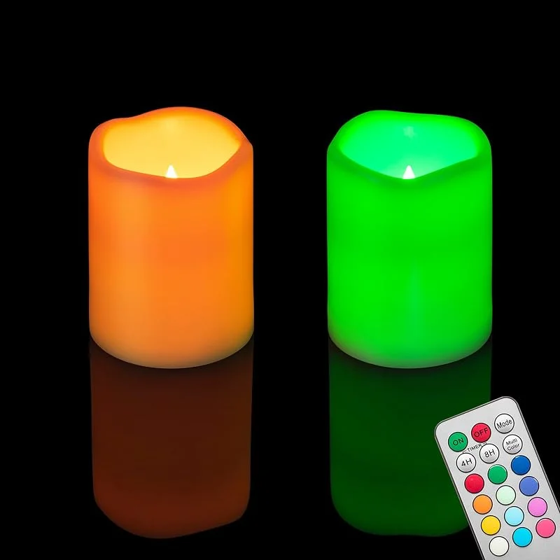 Besuche den CANDLE IDEA-Store 2 Stück 7, 5 x 10 cm mehrfarbige flammenlose LED-Stumpenkerzen mit Fernbedienung, Timer, batteriebetrieben, elektrisch, flackernd, Kunststoff, LED-Kerzen für Halloween, Kürbis-Laterne Dekor — Kerzenlicht Abendessen