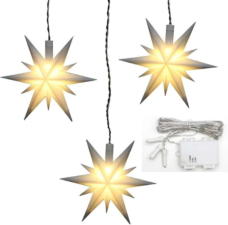 Besuche den Dekohelden24-Store ***3er Set Weihnachtssterne aus Kunststoff in weiß, inkl. LED Beleuchtung und 6h Timer, für Batteriebetrieb, für Innen und Außen geeignet. Maße je Stern L, B, H: 13, 5 x 5, 5 x 12 cm. — Weihnachtsdeko