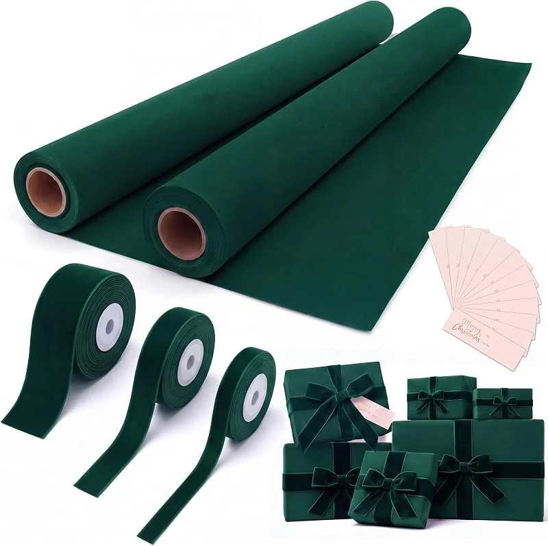 Marke: Tigeen Tigeen Grünes Weihnachts-Samt-Geschenkpapier-Set, 2 Rollen, 6 Yards Geschenkpapier, 3 Rollen Samtbänder und 12 Geschenkanhänger, Weihnachtsgeschenkpapier-Zubehör — Geschenkverpackung