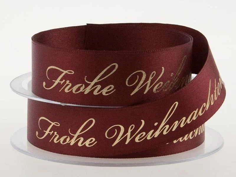 Marke: Christa-Bänder Weihnachtsband Frohe Weihnachten Bordeaux 25 mm ohne Draht — Geschenkverpackung