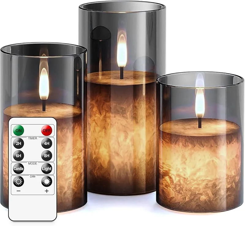 Besuche den salipt-Store LED Kerzen mit Fernbedienung Timer Funktion mit Glas Tasse, Flackernde Flammenlose, Echtwachskerze, Batteriebetrieben - Grau — Kerzenlicht Abendessen