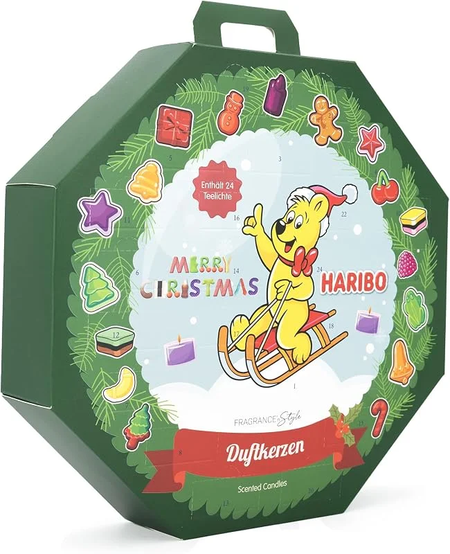 Marke: HARIBO Haribo Adventskalender Teelicht Kerzen, 24x duftende Teelichter für Weihnachten, Kerzenkalender mit Sommer & Winterdüften, Perfekte Geschenkidee für Vorweihnachtszeit — Kerzenlicht Abendessen