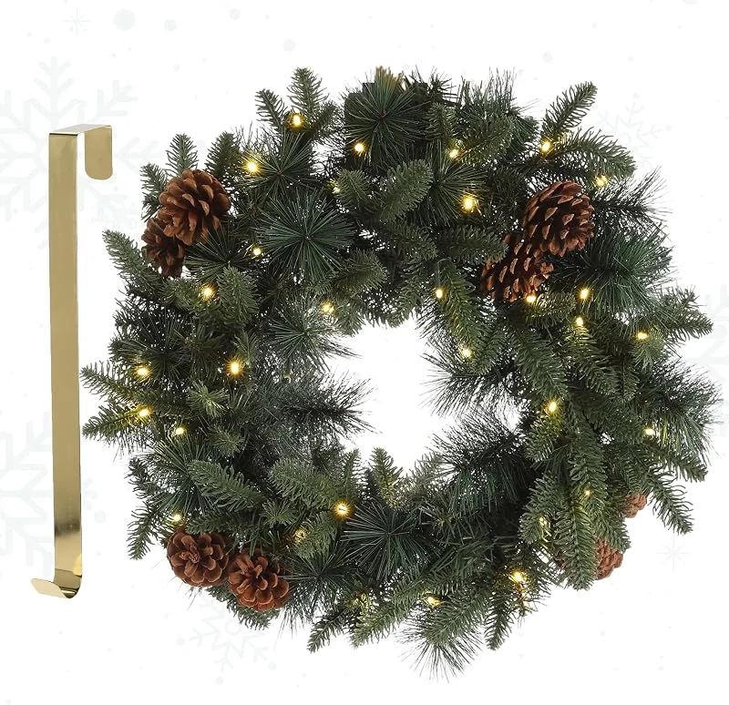 Marke: Meisterhome MeisterHome ® Künstlicher Weihnachtskranz Adventskranz für Tür Ø 50 cm - Weihnachtlicher Türkranz für Innen und Außen mit 35 LEDs, Timer und Kiefernzapfen-Beeren-Dekoration + Goldfarbener Aufhänger — Weihnachtsdeko