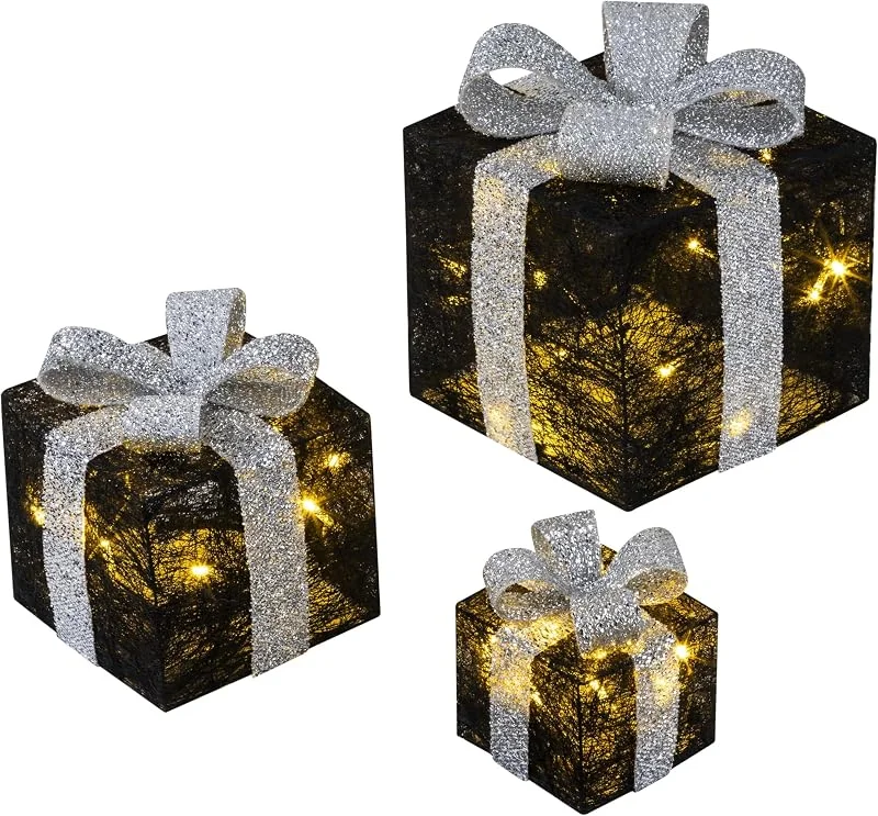Besuche den Bambelaa!-Store Bambelaa! 3er Led Deko Geschenke Leucht Boxen Timer Weihnachts Dekoration Weihnachtsdeko Beleuchtet Deko Weihnachten Schwarz-Silber — Geschenkverpackung