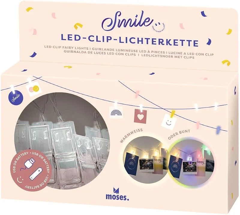 Besuche den moses-Store moses. LED-Clip-Lichterkette mit 10 Clips für Fotos und Karten, 2 Farbmodi warmweiß und bunt, 150 cm, Betrieb per Micro-USB oder 3 x AA Batterien — Weihnachtsbeleuchtung