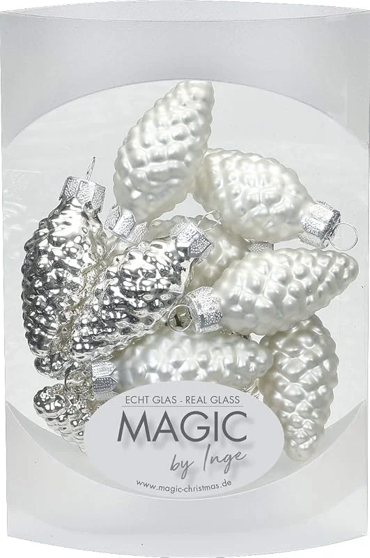 Marke: MAGIC Magic 12 Zapfen 4, 5 cm Glas Weihnachtsschmuck Weihnachtsdeko Christbaumkugeln Christbaumschmuck 45mm, Farbe: Silber Glanz, weiß matt