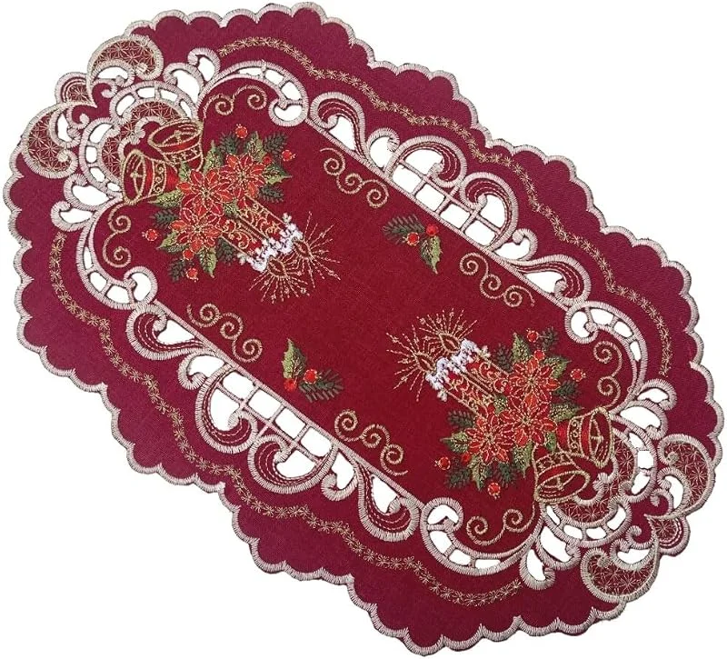 Marke: Generisch Rote Eleganz zu Weihnachten Tischläufer Tischband Deckchen dunkelrot weiß umramdet Bestickt mit Kerzen (ca. 30x45 cm) — Küche & Haushalt
