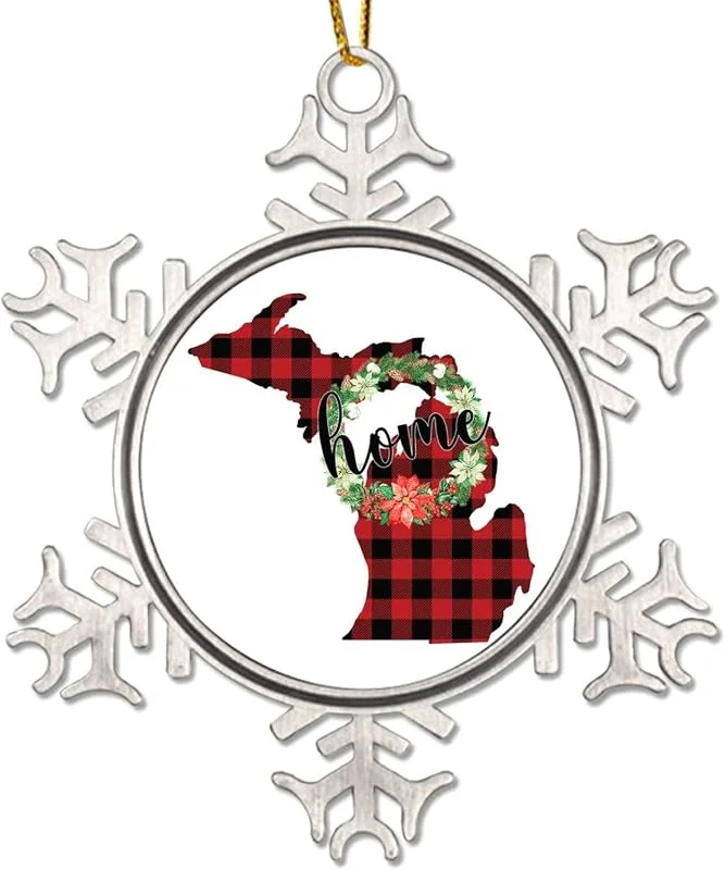 Marke: CowkissSign Weihnachtskranz Michigan Weihnachtsbaum Ornament American State USA Staates Metall Schneeflocke Weihnachtsschmuck Home State Rot und Schwarz Plaid Weihnachtsdekorationen