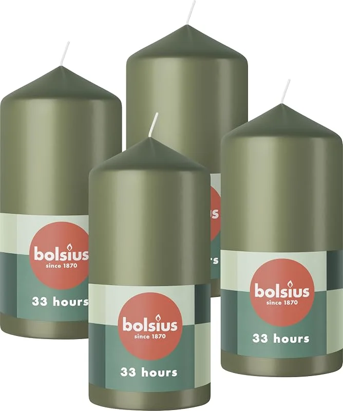 Besuche den bolsius-Store Bolsius Glatte Stumpenkerzen - Grün - 4 Stück - 12 x 6 cm - Dekorative Haushaltkerzen - Länge Brenndauer 33 Stunden - Unparfümierte - Enthält Natürliches Pflanzenwachs - Ohne Palmöl — Advent und Tisch