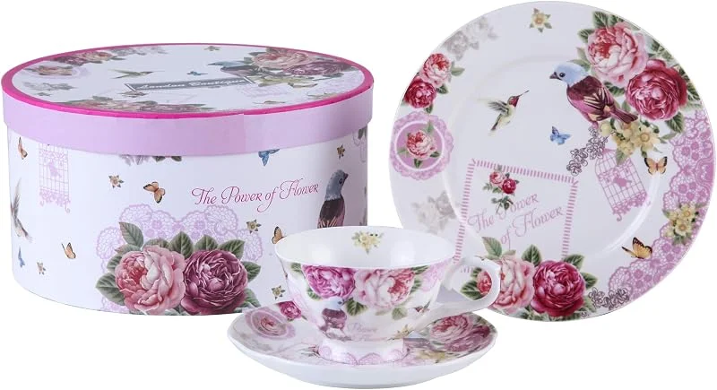 Besuche den London Boutique-Store ondon Boutique Afternoon Tea Set 3 Kaffeetasse und Untertasse Dessertteller Shabby Chic Vintage Porzellan Geschenkbox (Vogel Rose Schmetterling) — Geschenkverpackung