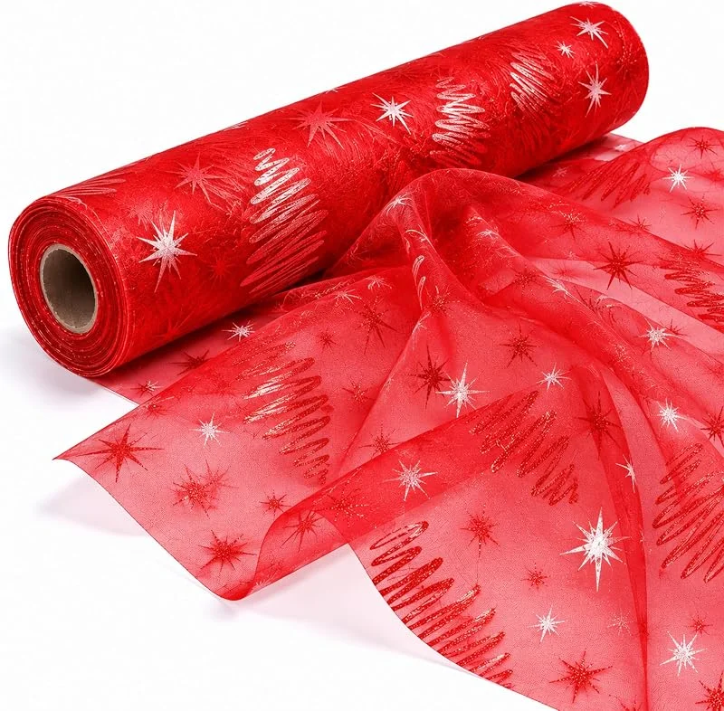 Besuche den Trimming Shop-Store 25 m x 29 cm großer Organza-Rollstoff mit transparentem Glitzermotiv mit Weihnachtsbaum- und Schneeflocken-Design für Tischläufer, selbstgemachte Geschenkverpackung, Neujahrs-Partydekoration, Rot — Küche & Haushalt