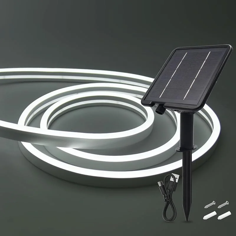Marke: HEGEHE Solar LED Strip, Solarbetriebene Neon LED Streifen Außen, 120leds, m, 8 Modi, Schneidbar, IP65 Wasserdicht Diffusion Flex LED Schlauch Band für Garten, Balkon, Treppe (Weiß, 3M) — Weihnachtsbeleuchtung