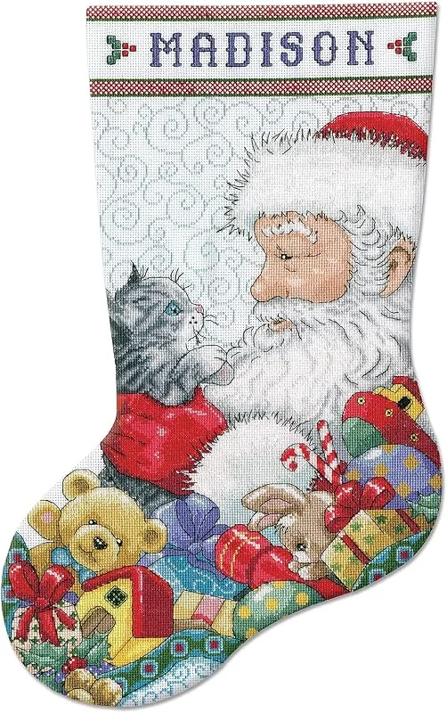 Marke: Design Works Design Works Crafts Kreuzstich Stickpackung Weihnachtsstrumpf Weihnachtsmann mit Kätzchen, Zählmuster — Weihnachtsdeko