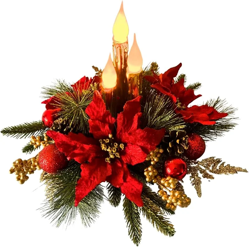 Marke: Svndlyn Svndlyn Weihnachtsdekoration, Weihnachts-Blumenarrangement, Tafelaufsatz für Tisch, goldene flammenlose Kerzen, roter Weihnachtsstern, goldene Tannenzapfen, Beeren und Kugel-Ornamente, Urlaub — Kerzenlicht Abendessen
