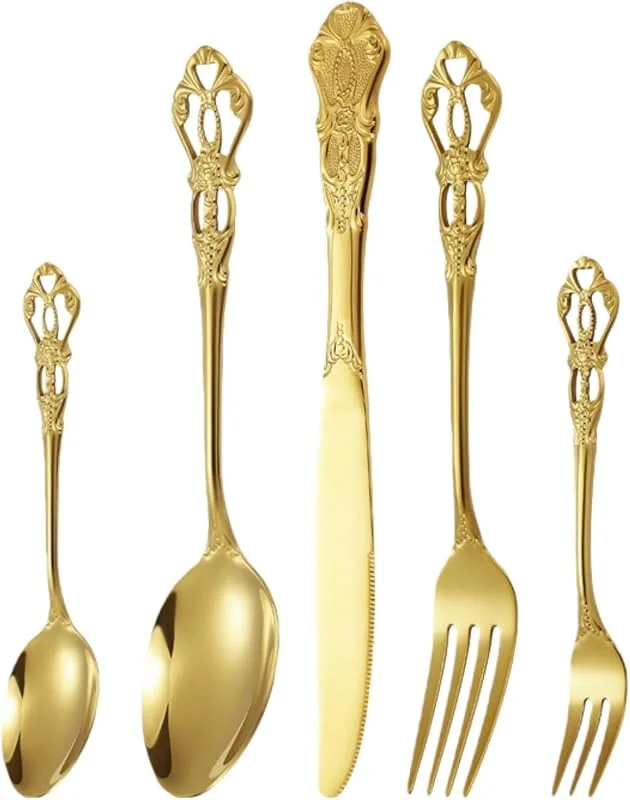 Marke: HSTWODE Retro Besteckset, Edelstahl-Besteckset, Wunderschönes 5-teiliges Edelstahlgeschirr, Vintage & Barock Design, für festliche Tafel, Hochzeit oder Hotel (Gold) — Advent und Tisch