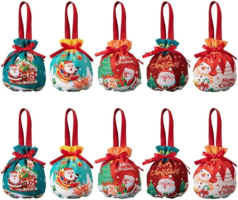 Marke: Lamdbao 10 Stück Weihnachtliche Geschenktüten Kordelzug, Handlich, Wiederverwendbar, Zum Befüllen Von Obst- Und Süßigkeitengeschenken Für Den Weihnachtstag — Geschenkverpackung