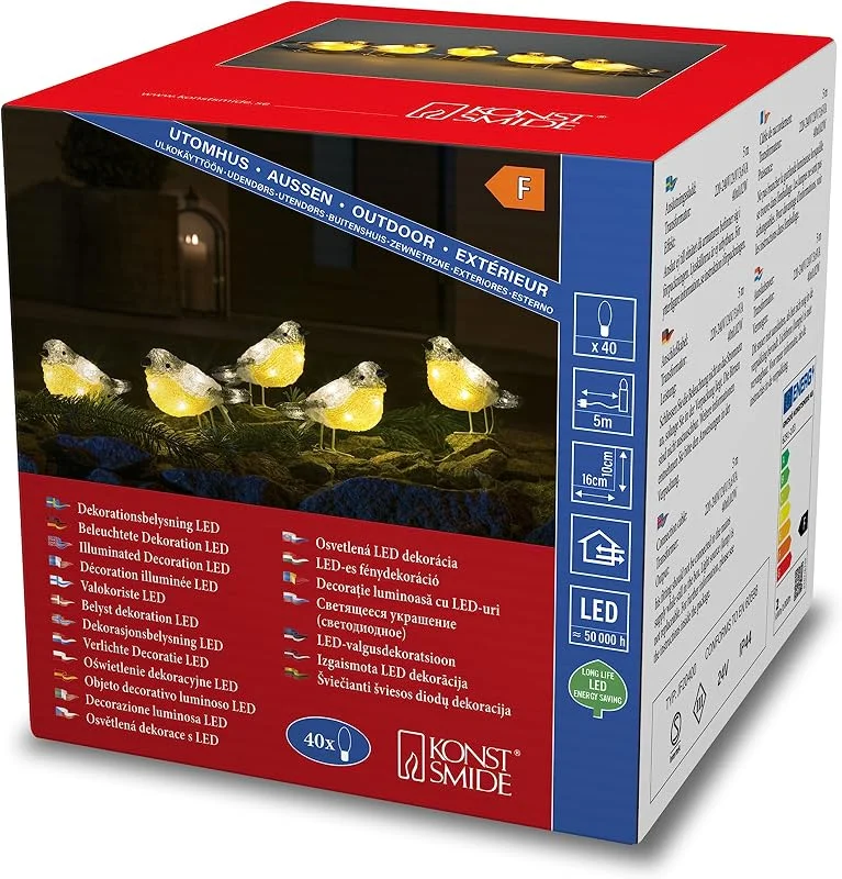 Besuche den Konstsmide-Store Konstsmide LED Acryl Vögel, 5er-Set, klar, 24V, Aussen (IP44), 40 warm weiße Dioden, weißes Kabel - 6291-103 — Weihnachtsbeleuchtung