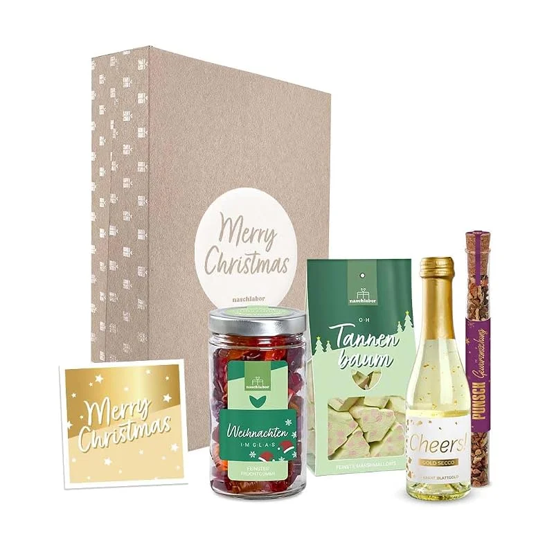 Besuche den naschlabor-Store Merry Christmas Geschenkbox, Weihnachtsgeschenke für Freunde, Familie oder Kollegen, Süßigkeiten Mix zu Weihnachten, Gold Secco 22 Karat, Punsch Gewürzmischung — Geschenkverpackung