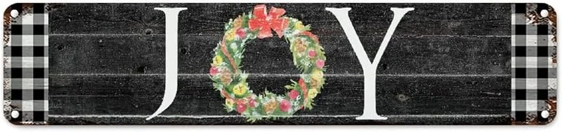 Marke: CowkissSign Vintage Weihnachtskranz Freude Metall Blechschild Willkommen Xmas Winter Rustikal Shabby Chic Schilder Schwarz und Weiß Büffelkaro Plaid Aluminium Schild Qualität Verkehrsschild für Veranda 45, 7 x — Weihnachtsdeko