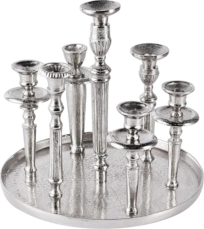 Besuche den MichaelNoll-Store MichaelNoll Kerzenständer Kerzenhalter 7-Armig Aluminium Silber Raw - Kerzenleuchter Groß auf Tablett - Deko Dekoration Modern Wohnzimmer - XXL 30x30x35 cm — Kerzenlicht Abendessen
