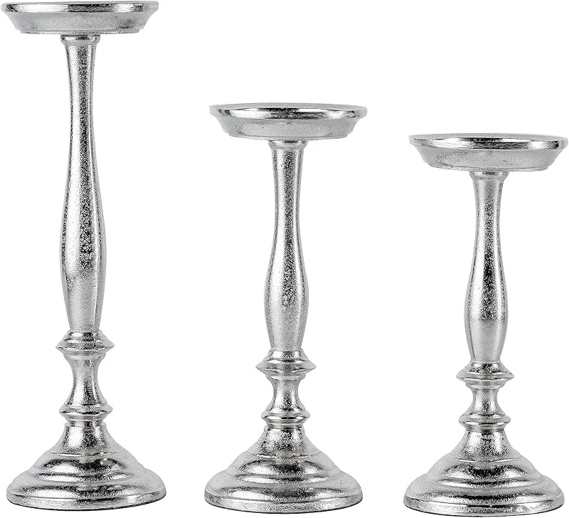 Besuche den MichaelNoll-Store Kerzenständer 3er Set Kerzenhalter Metall Silber Deko - Kerzenleuchter Modern für Stumpenkerzen- Tischdeko Hochzeit - Dekoration Wohnzimmer - H 24, 26 und 33 cm — Kerzenlicht Abendessen