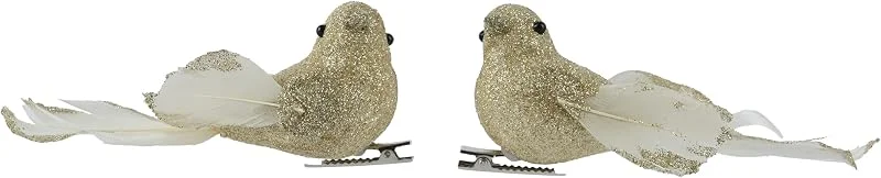 Marke: Kaemingk Christbaumschmuck Kunststoff Vögel mit Federn & Clip 11cm - 2er Set Vogel Figuren auf Klammer - bruchfest - Christbaumanhänger & Weihnachtsbaumschmuck - Deko für Weihnachtsbaum - Dekovögel Gold — Weihnachtsdeko