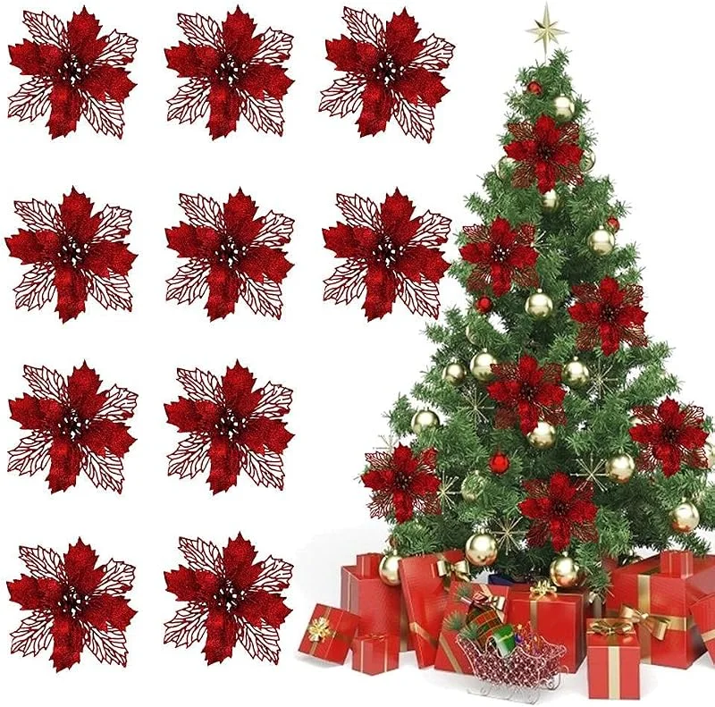 Marke: Mrisata 10 Stück Weihnachtsstern-Blume, Künstliche Glitzer-Wei (B) — Weihnachtsdeko