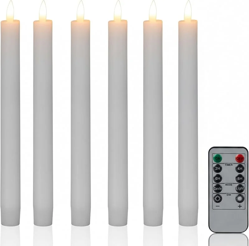 Besuche den Relaxdays-Store Relaxdays LED Stabkerzen, 6er Set, mit Fernbedienung, Timer & flackernder Flamme, Echtwachs, flammenlose Kerzen, weiß — Kerzenlicht Abendessen