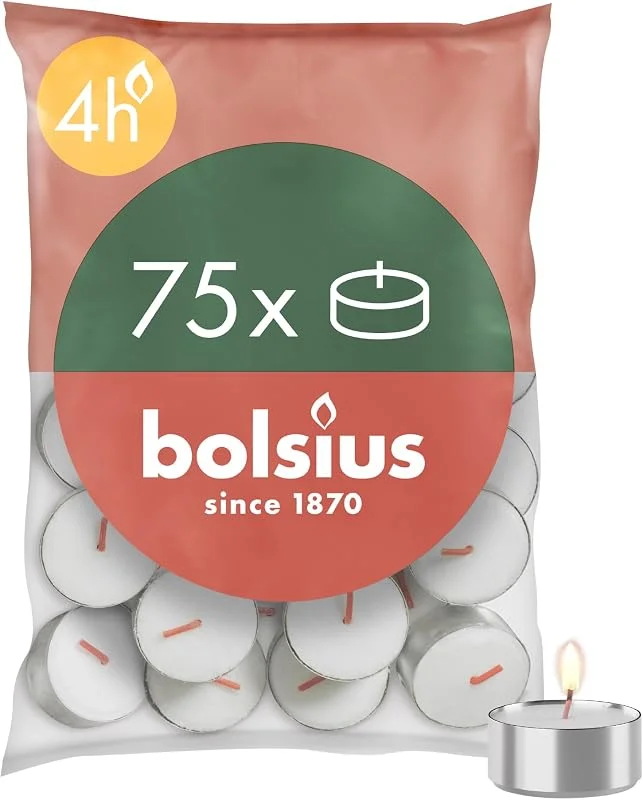Besuche den bolsius-Store Bolsius D-light Teelichter - 75 Stück - im Beutel - Länge Brenndauer 4 Stunden - Dekorative Haushaltkerzen - Weiß - Enthält Natürliches Pflanzenwachs - Ohne Palmöl — Kerzenlicht Abendessen