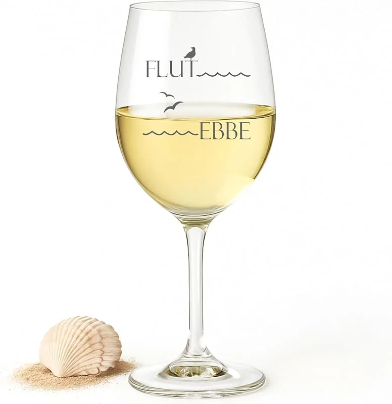 Besuche den KT-Schmuckdesign-Store Weinglas Leonardo mit Gravur Ebbe und Flut Geschenkidee Geschenk maritim mit Möwen und Wellen Rotweinglas Weißweinglas — Wein und Festtafel