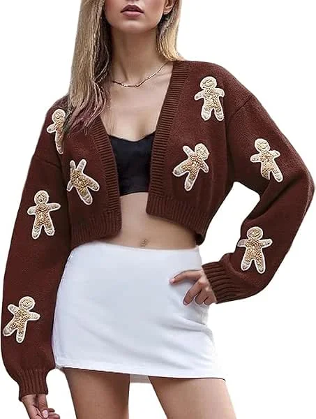 Besuche den Feclmiyt-Store Damen-Strickjacke, Lebkuchenmann, hässliche Weihnachtspullover, Zuckerstange, langärmelig, V-Ausschnitt, Button-Down-Strickpullover, Mantel — Weihnachtsmode