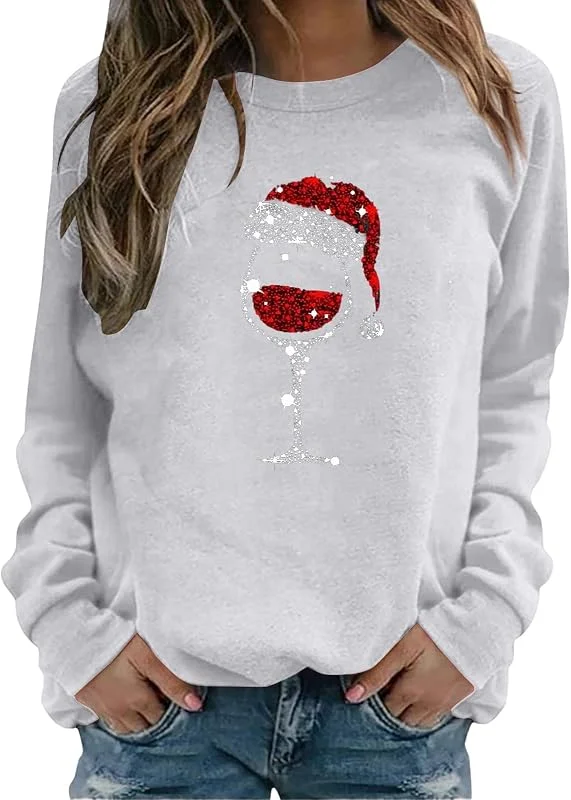 Marke: Qixiu Weihnachtspullover Damen, Weihnachtspullover, Weinglas Ugly Christmas Sweater Langärmliges, Weihnachten Pullover mit Aufdruck, Lässig Sweatshirt, bequem Übergangsjacke Weihnachtspulli Mädchen — Weihnachtsmode