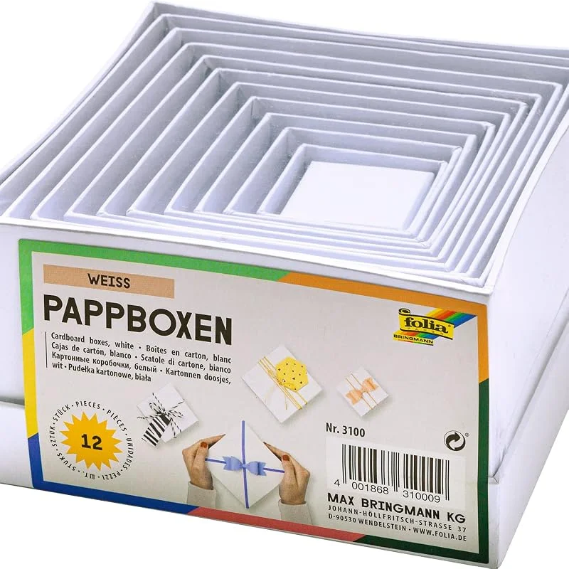 Besuche den folia-Store folia 3100 - Geschenkboxen, Pappschachteln aus Karton, quadratisch, weiß, 12 Stück in verschiedenen Größen - optimal zum Verzieren und Verschenken — Geschenkverpackung