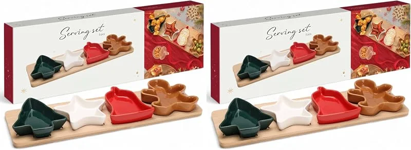 Marke: MIJOMA MIJOMA Servierset Weihnachten 5-teilig – Porzellanschalen in Baum-, Stern-, Glocken- & Lebkuchenform auf Holztablett – Buntes Snack- & Dipset für festliche Anlässe (Packung mit 2) — Advent und Tisch