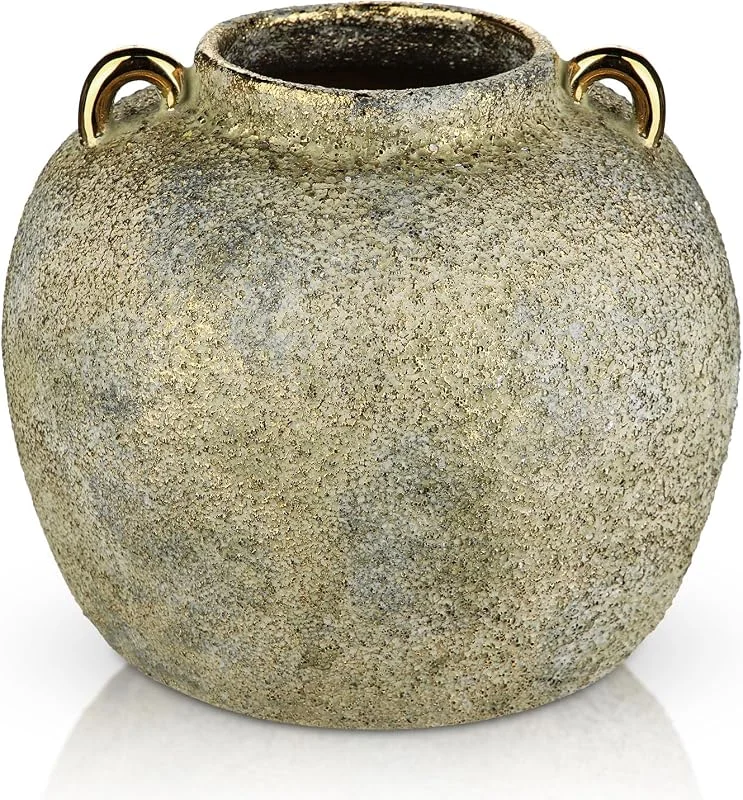 Besuche den Arborus-Store 20 cm Vase Keramik Vintage Vase für Rustikale Deko Blumenvase Gold — Kerzenlicht Abendessen