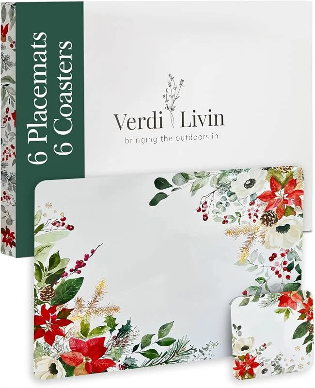 Marke: Verdi Livin Weihnachts-Tischsets aus Kork, Set mit 6 passenden Untersetzern, hitzebeständige Platzsets für den Esstisch, 40, 6 x 30, 5 cm, Unterseite aus Kork, abwischbar, rotes Blumen-Design — Küche & Haushalt
