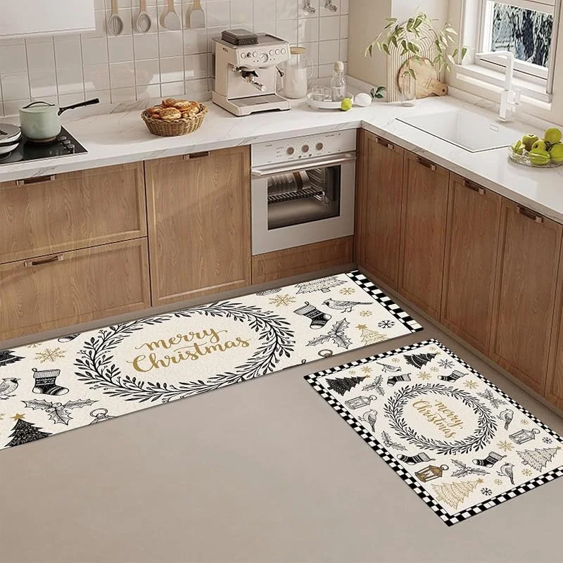 Marke: JEDTAKCT Küchenteppich Vintage-Weihnachtskranz Teppich Läufer 2 Stück, Anti-Müdigkeit Küchenläufer Waschbar rutschfest Küchenmatte, Beige Ländliche Weihnachtsstrümpfe Vögel Fußmatte, 44X75+44X120 — Küche & Haushalt