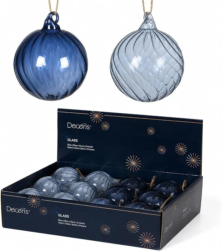 Marke: Kaemingk Weihnachtskugeln Glas 8cm mit Rillen 12er Set Blau transparent — Weihnachtsdeko