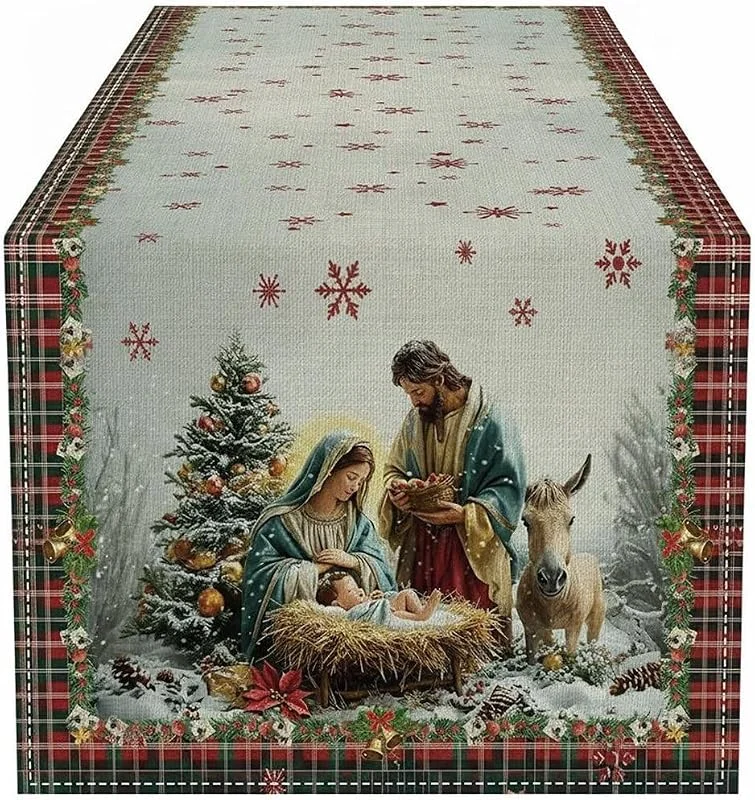 Marke: Fopytu Weihnachtlicher Tischläufer, Tischdecke Weihnachtskrippe, Winterliche Tischdekoration Im Landhausstil Für Die Küche Und Das Esszimmer – Ideal Für Die Weihnachtsfeier — Küche & Haushalt