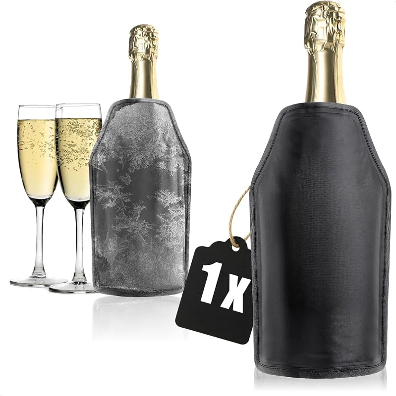 Besuche den com-four-Store com-four® Kühlmanschette für Wein, Sekt, Champagner und Bier, Flaschenkühler mit Gummiband, Weinmanschette für unterwegs, Weinkühler (1 Stück - schwarz) — Wein und Festtafel