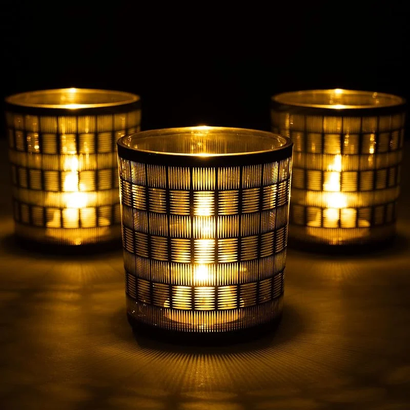Besuche den Romcanmy-Store Teelichthalter 3er Set, Schwarz Gold Windlicht Glas für Tischdeko, Gewebten Mustern Kerzenhalter Glas für Klein Teelichter, Vintage Teelichtgläser für Geburtstag Hochzeit Party Decor, 7X8CM — Advent und Tisch