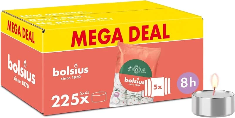 Besuche den bolsius-Store Bolsius - Großpackung Teelichter - 225 Stk. - 8 Brennstunden - Weiß - Enthält Naturliches Pflanzenwachs - Länge Brenndauer - Dekorative Haushaltkerzen - Ohne Palmöl — Kerzenlicht Abendessen