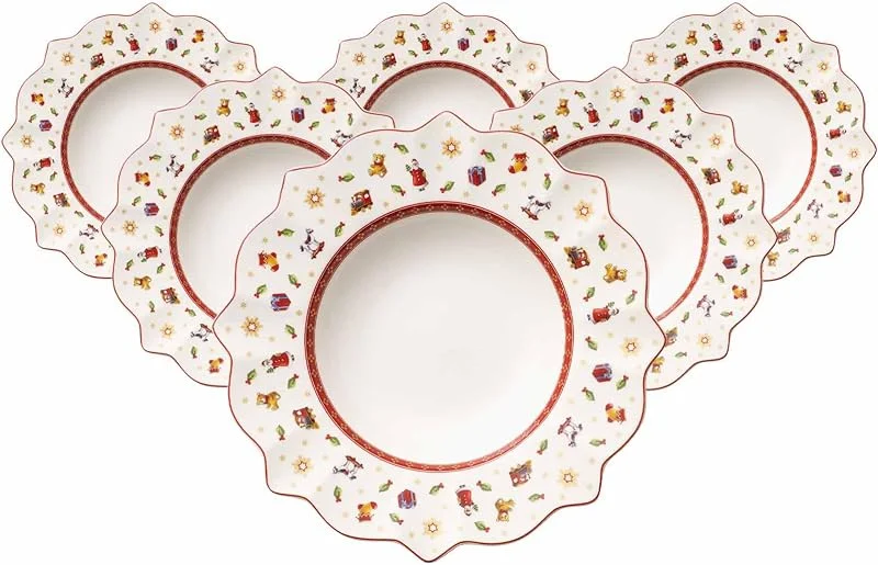 Villeroy & Boch Toy's Delight Suppenteller 6er Set, 26 cm, Tiefer Teller mit Weihnachtsdekor, Premium Porzellan, Weiß — Advent und Tisch
