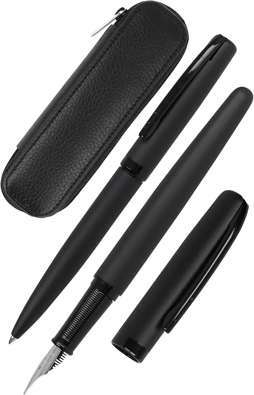 Besuche den Online-Store Online Schreib-Set Eleganza Pure Black I enthält Kugelschreiber, Füller, Echt-Lederetui I 3-teilig I in Geschenkbox I Füllhalter für Standardpatronen I Kulli mit Großraummine G2 — Geschenkverpackung