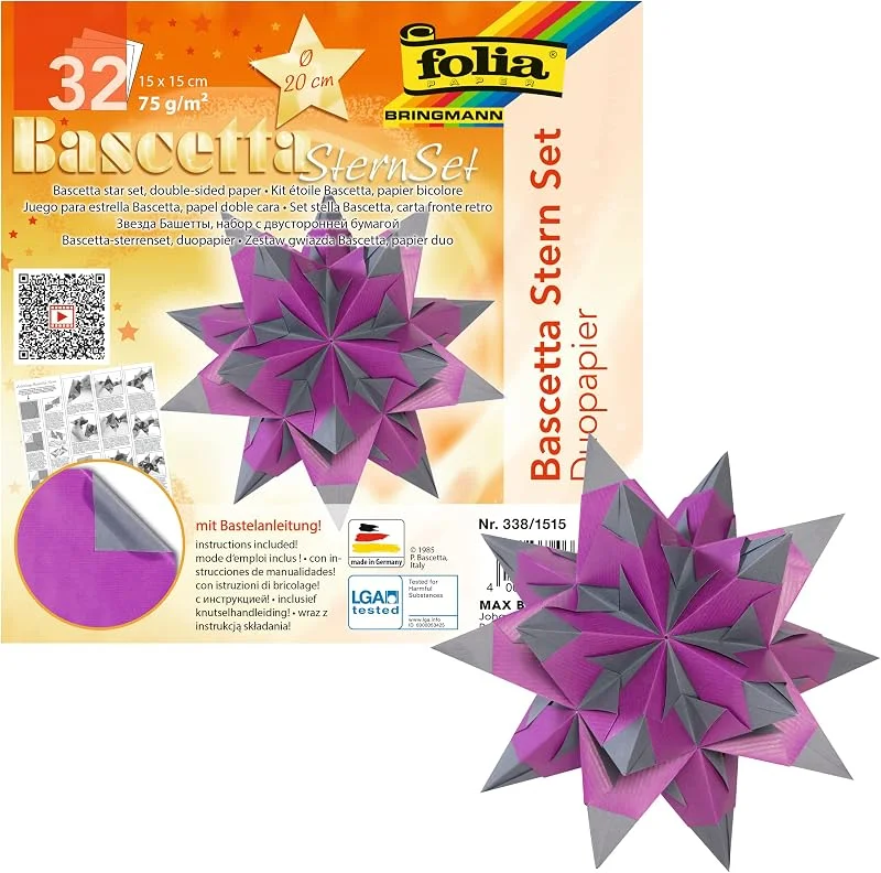 Besuche den folia-Store folia 326, 2020 - Bastelset Bascetta Stern Duo hochrot, gold, 32 Blatt, 20 x 20 cm, fertige Größe des Papiersterns ca. 30 cm, mit ausführlicher Anleitung - ideal zur zeitlosen Dekoration — Weihnachtsdeko