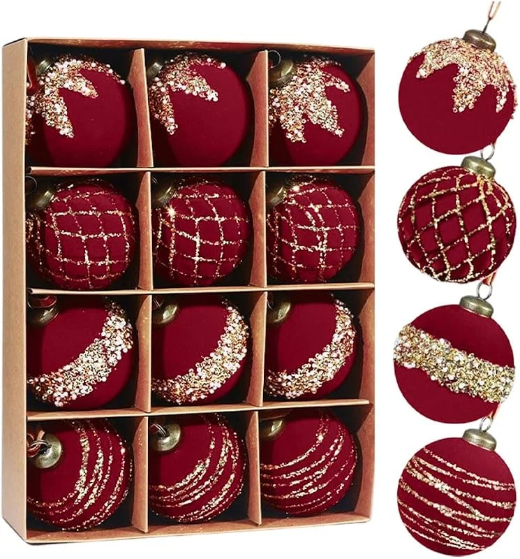 Marke: Générique 12 Stück Samt-Weihnachtskugeln, 8 cm, glitzernde Kunststoffkugeln, Dekoration für Weihnachtsbaum, beflockte Kugeln zum Aufhängen, für Partys, Hochzeiten und Geburtstage (Bordeaux) — Weihnachtsdeko